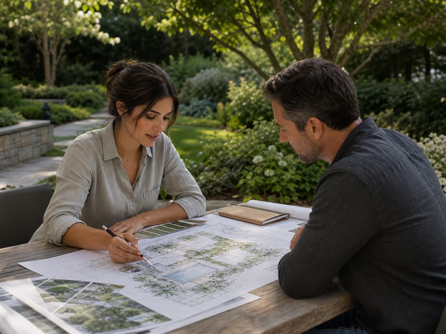 Landscape designer reviewing plans with client