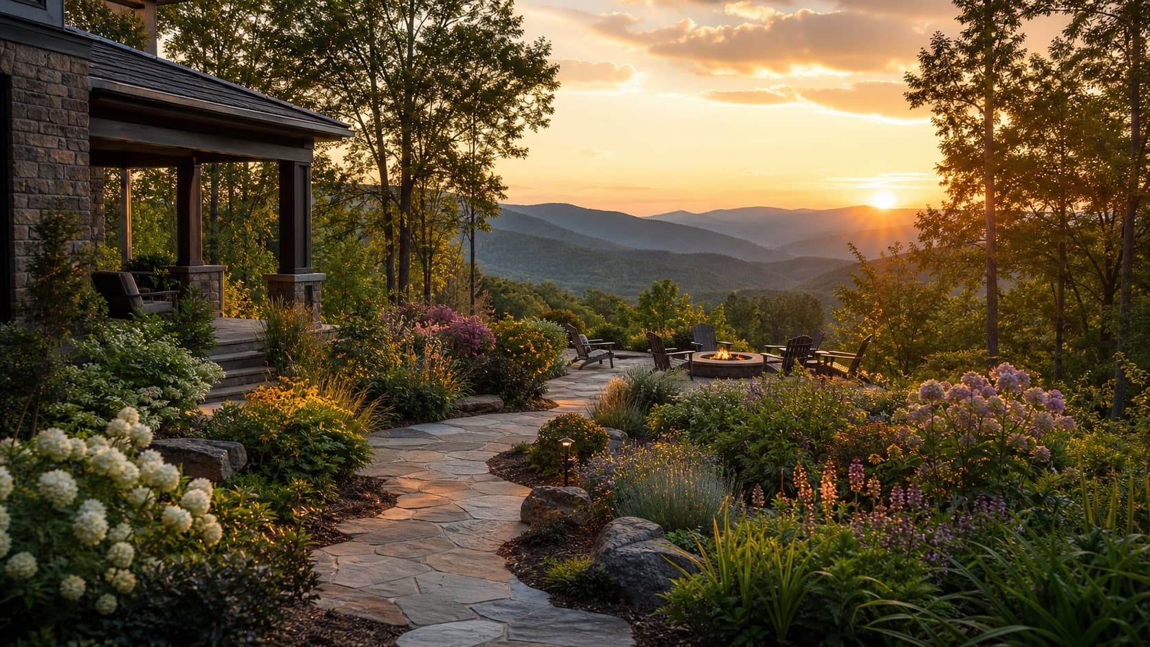 Landscaped backyard with garden beds and stone pathway