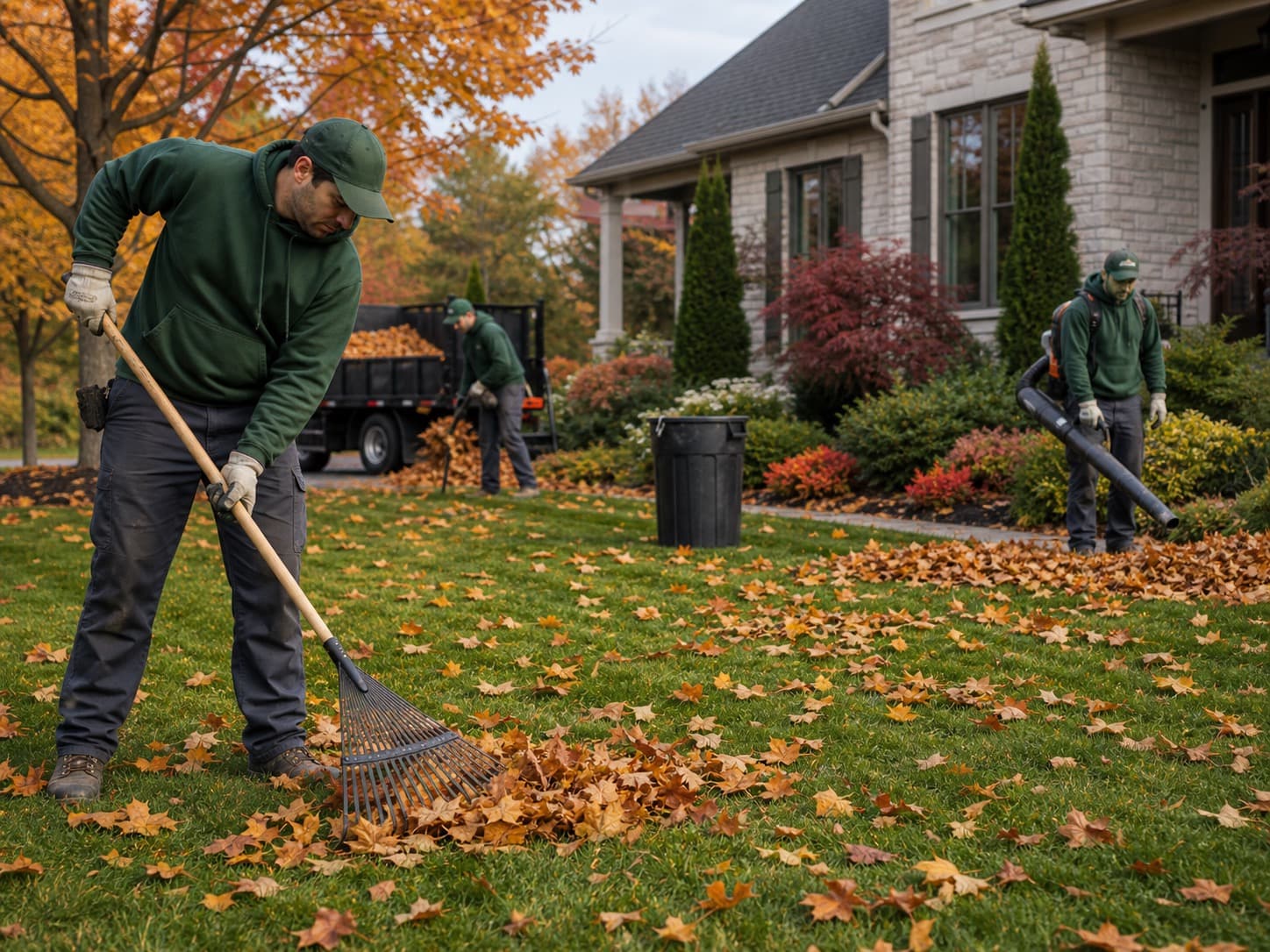 Crew performing autumn yard cleanup