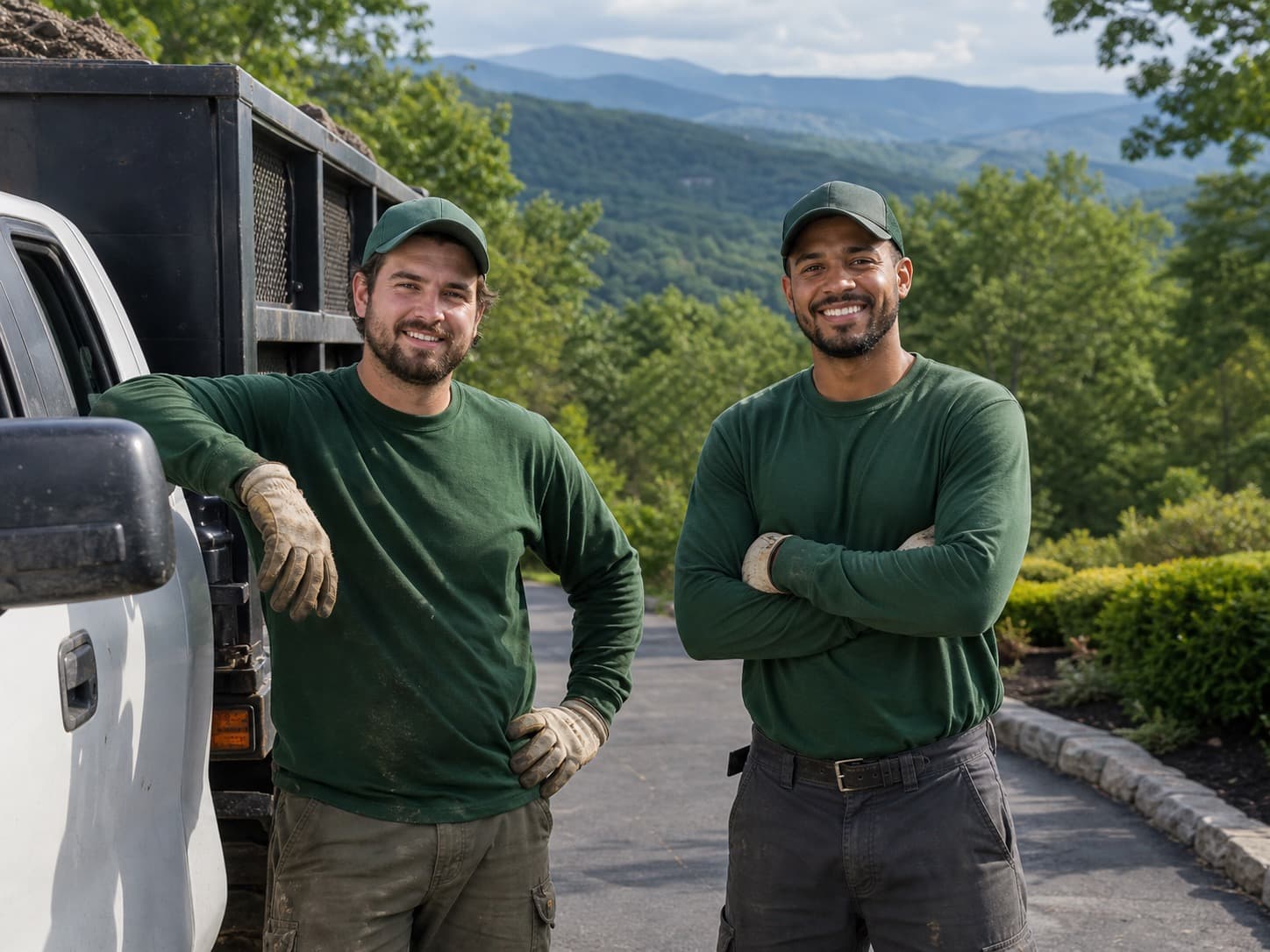 Two Olmsted landscapers in green uniforms beside work truck